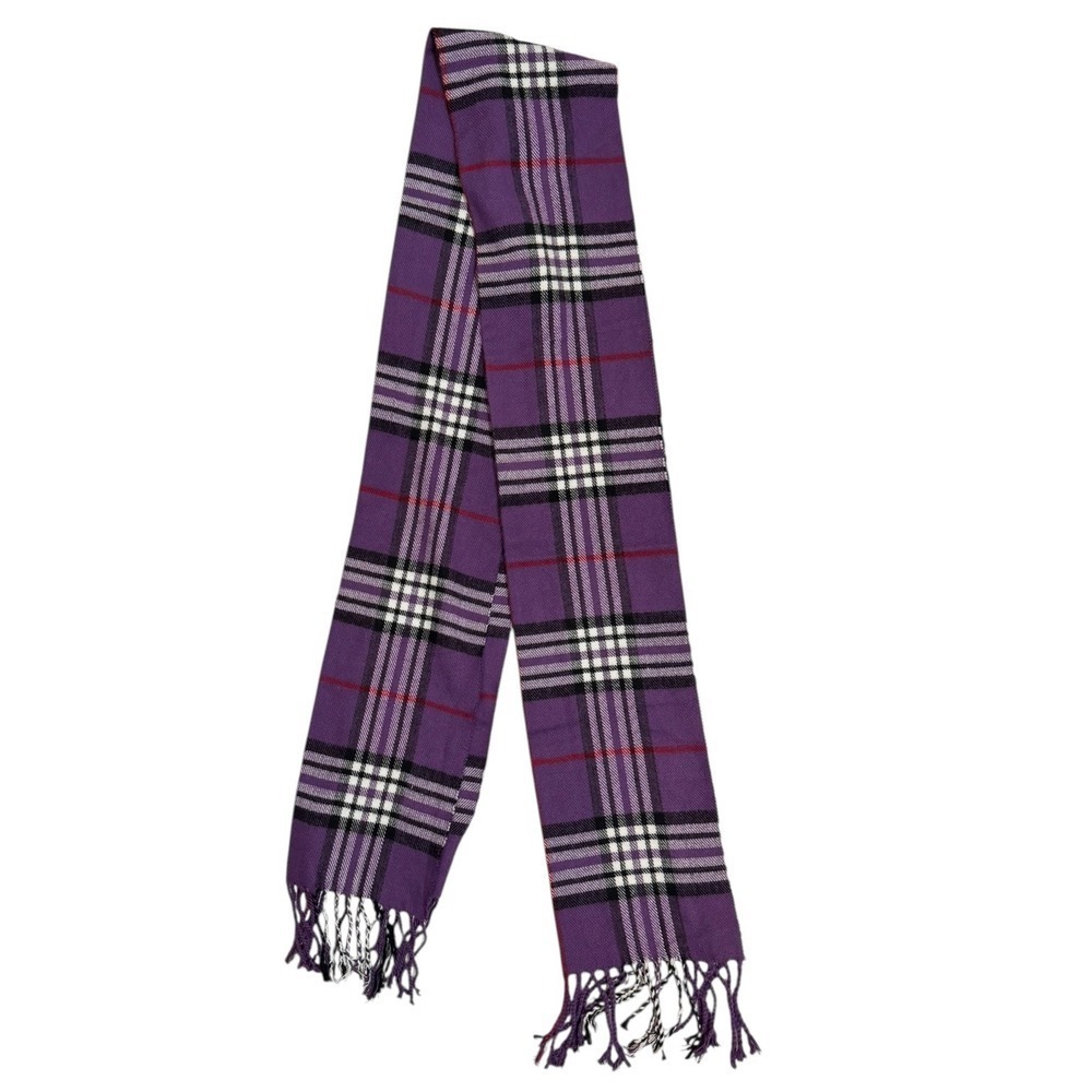 Vintage 100% Cashmere Scarf Made in Scotland Purple Plaid Check Fringe Soft - Picture 6 of 6